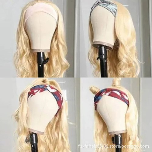 Headband 613 Blonde Straight Curly Body Wave Wig With Attached Scarf Wig Bodywave Full Machine Human Hair Wigs Brazilian 150%